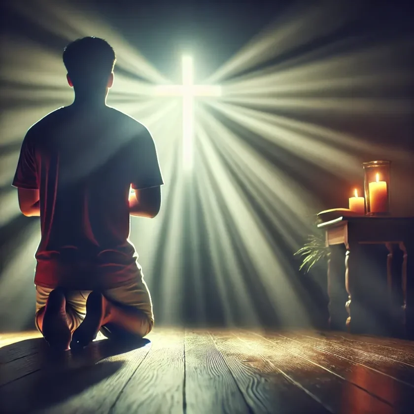 A person kneeling in prayer with light shining down.