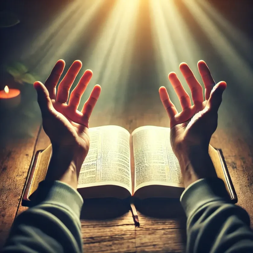 An open Bible with hands raised toward heaven